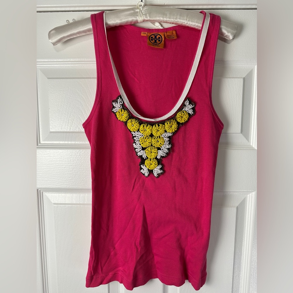 Tory Burch Desert Blooms Beaded Fuchsia Ribbed Tank Top Women’s XL Preowned